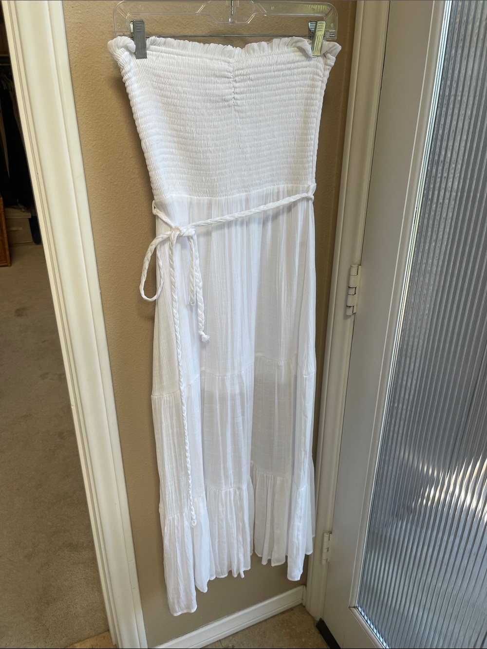 Strapless White Smocked Maxi Dress with Braided Waist Tie